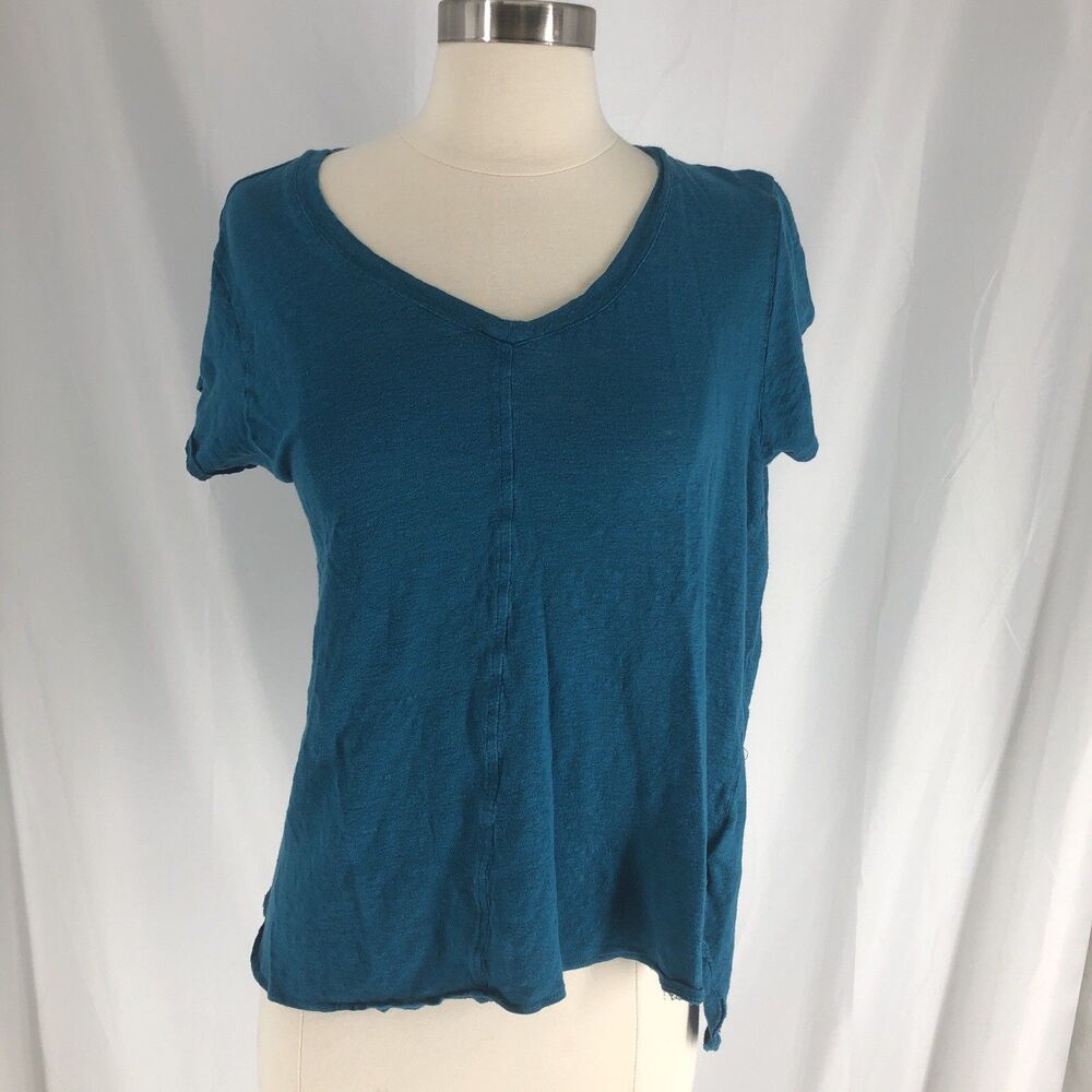 Tahari Womens Blue Solid Knit V-Neck Cap Sleeve Basic T-Shirt Size Large